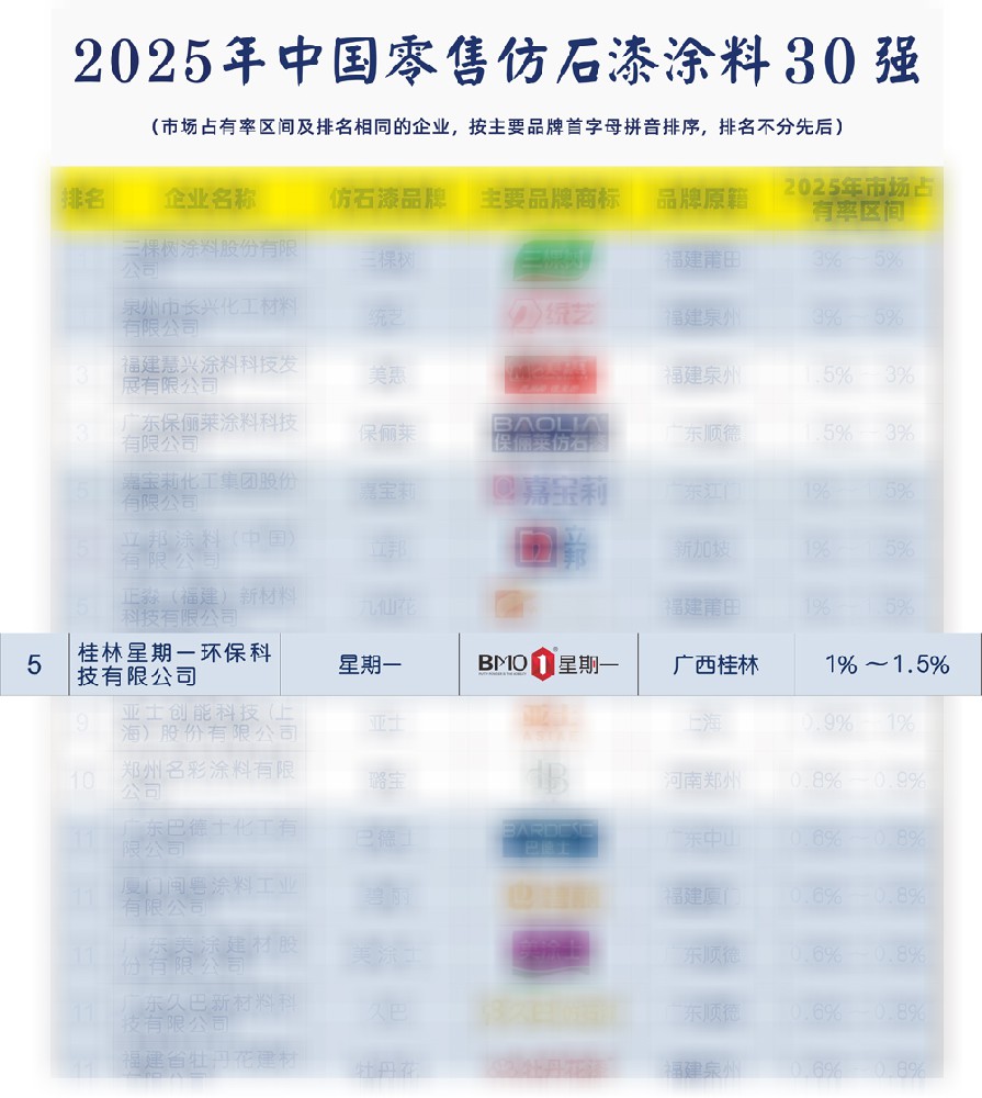 十年匠心不负信赖｜星期一仿石漆入选 2025 中国零售仿石漆前十强，用品质铸就行业口碑！